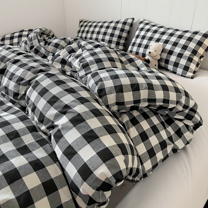 91家纺网 家纺一手货源 找家纺 千姿梦 2025新款全棉水洗棉四件套 黑白中格