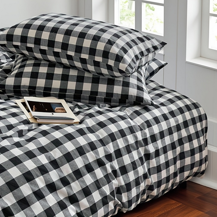 91家纺网 家纺一手货源 找家纺 千姿梦 2025新款全棉水洗棉四件套 黑白中格