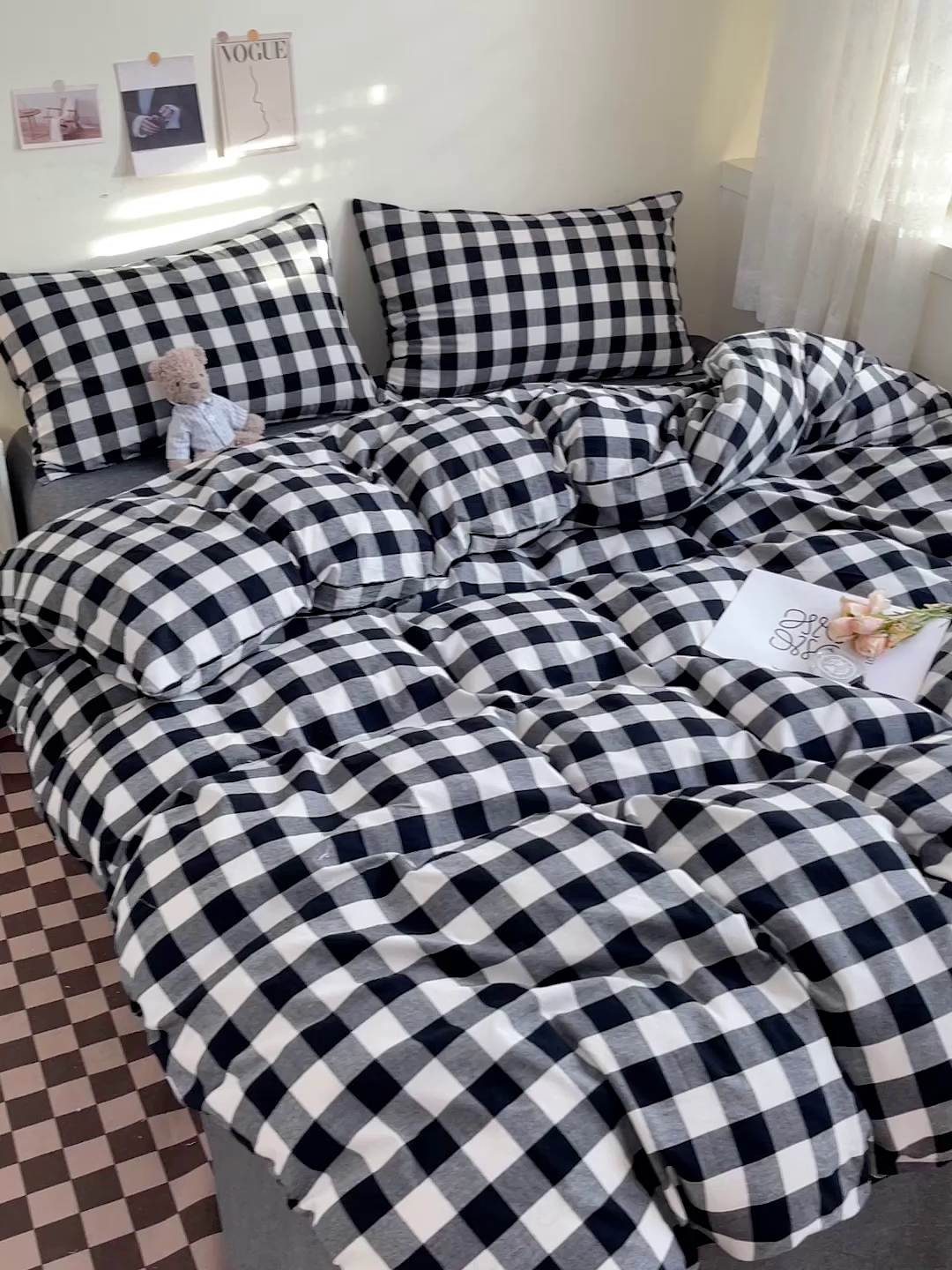91家纺网 家纺一手货源 找家纺 千姿梦 2025新款全棉水洗棉四件套 黑白中格