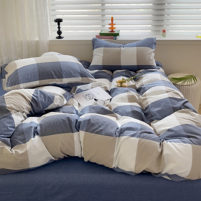 91家纺网 家纺一手货源 找家纺 千姿梦 2025新款全棉水洗棉四件套 蓝大格