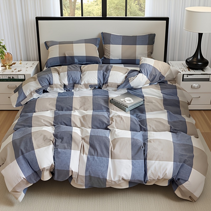 千姿梦 2025新款全棉水洗棉四件套 蓝大格