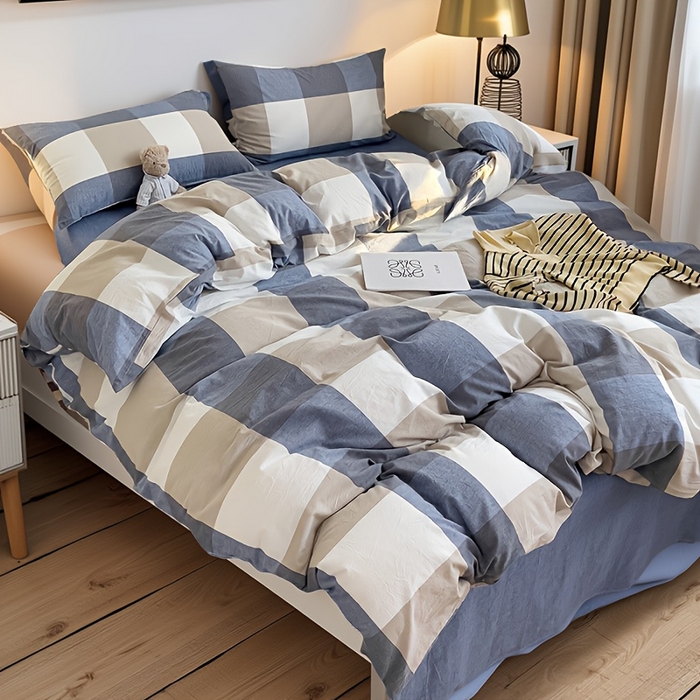 91家纺网 家纺一手货源 找家纺 千姿梦 2025新款全棉水洗棉四件套 蓝大格