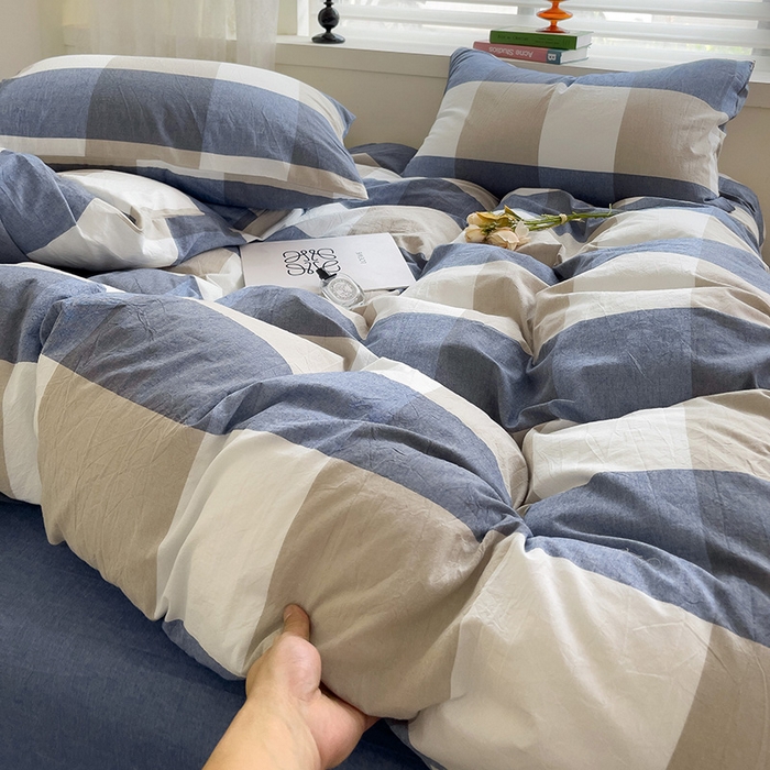 91家纺网 家纺一手货源 找家纺 千姿梦 2025新款全棉水洗棉四件套 蓝大格