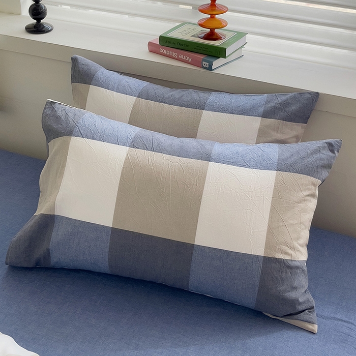 91家纺网 家纺一手货源 找家纺 千姿梦 2025新款全棉水洗棉四件套 蓝大格