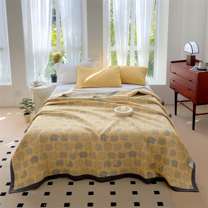 91家纺网 家纺一手货源 找家纺 ME/ERA HOME寐时代 2025新款a类全棉三层纱多功能毛巾被盖毯床单夏被 百变猫咪-黄