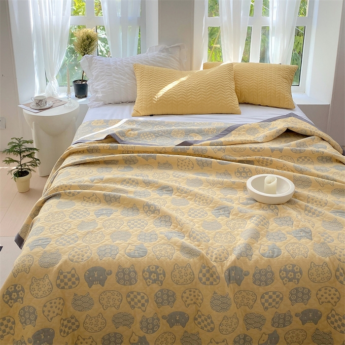 91家纺网 家纺一手货源 找家纺 ME/ERA HOME寐时代 2025新款a类全棉三层纱多功能毛巾被盖毯床单夏被 百变猫咪-黄