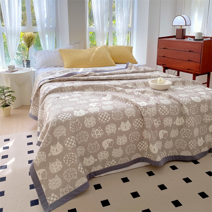 91家纺网 家纺一手货源 找家纺 ME/ERA HOME寐时代 2025新款a类全棉三层纱多功能毛巾被盖毯床单夏被 百变猫咪-咖