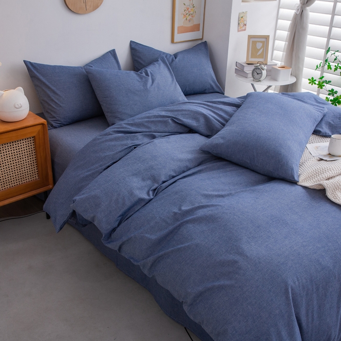 91家纺网 家纺一手货源 找家纺 千姿梦 2025新款全棉水洗棉四件套 牛仔蓝