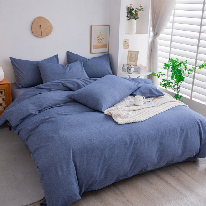 91家纺网 家纺一手货源 找家纺 千姿梦 2025新款全棉水洗棉四件套 牛仔蓝