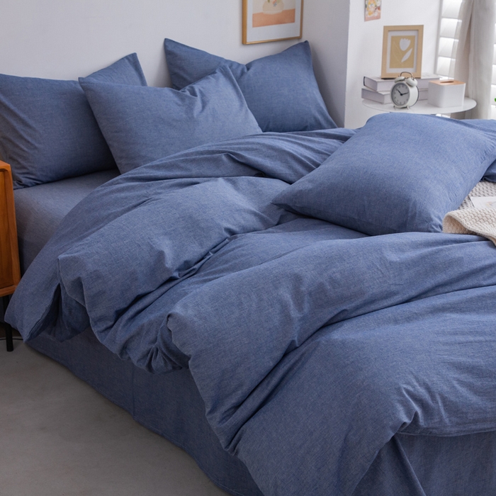 91家纺网 家纺一手货源 找家纺 千姿梦 2025新款全棉水洗棉四件套 牛仔蓝