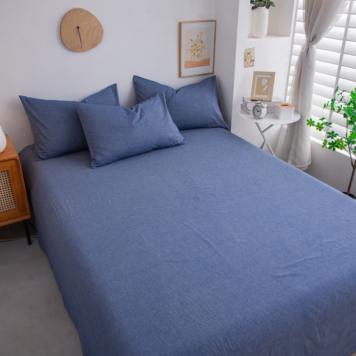 91家纺网 家纺一手货源 找家纺 千姿梦 2025新款全棉水洗棉四件套 牛仔蓝