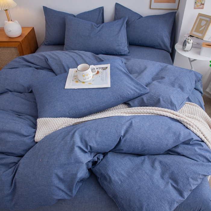 91家纺网 家纺一手货源 找家纺 千姿梦 2025新款全棉水洗棉四件套 牛仔蓝