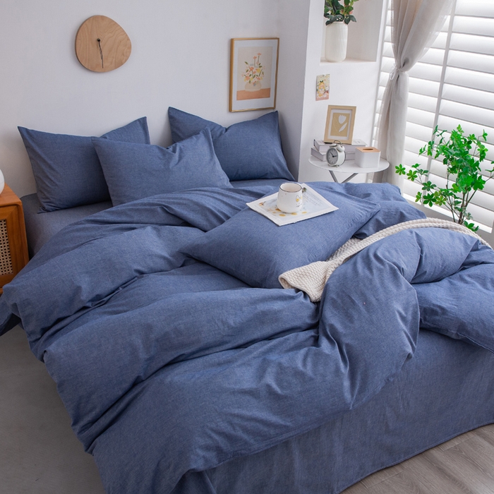 91家纺网 家纺一手货源 找家纺 千姿梦 2025新款全棉水洗棉四件套 牛仔蓝