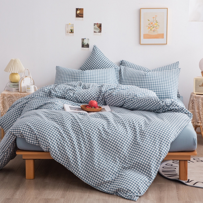 91家纺网 家纺一手货源 找家纺 千姿梦 2025新款全棉水洗棉四件套 浅蓝小格