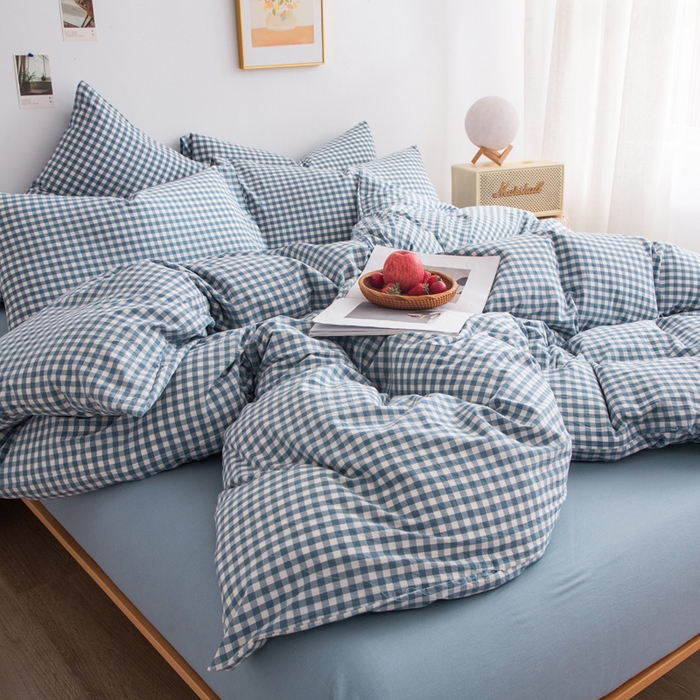 91家纺网 家纺一手货源 找家纺 千姿梦 2025新款全棉水洗棉四件套 浅蓝小格