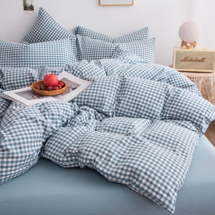 91家纺网 家纺一手货源 找家纺 千姿梦 2025新款全棉水洗棉四件套 浅蓝小格