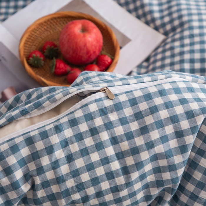 91家纺网 家纺一手货源 找家纺 千姿梦 2025新款全棉水洗棉四件套 浅蓝小格