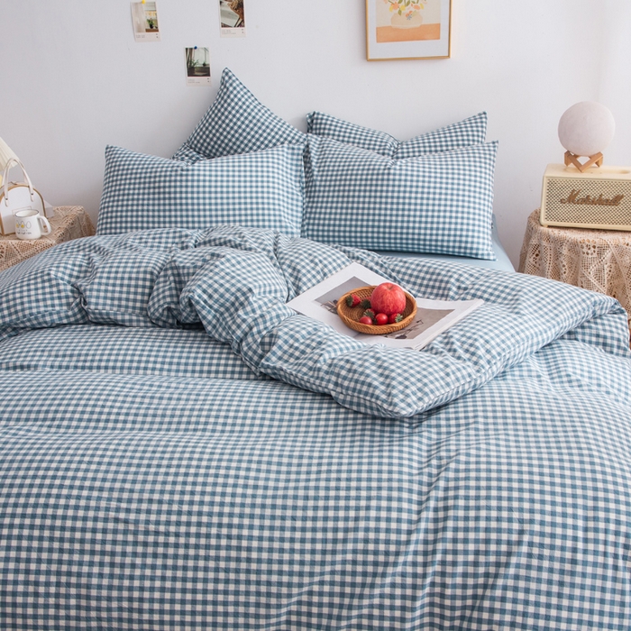 91家纺网 家纺一手货源 找家纺 千姿梦 2025新款全棉水洗棉四件套 浅蓝小格