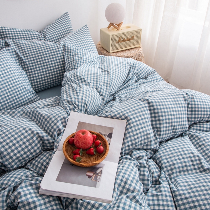 91家纺网 家纺一手货源 找家纺 千姿梦 2025新款全棉水洗棉四件套 浅蓝小格