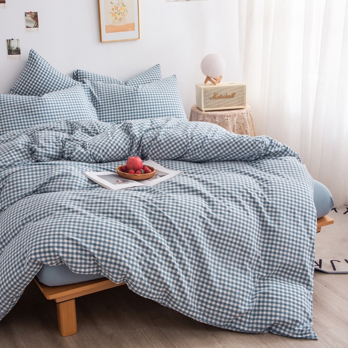 91家纺网 家纺一手货源 找家纺 千姿梦 2025新款全棉水洗棉四件套 浅蓝小格