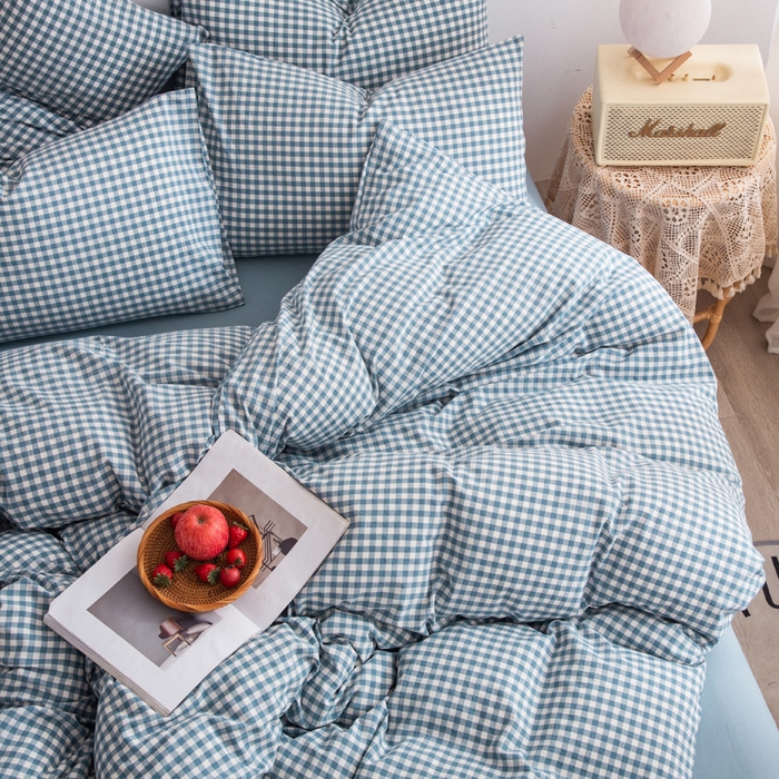 91家纺网 家纺一手货源 找家纺 千姿梦 2025新款全棉水洗棉四件套 浅蓝小格