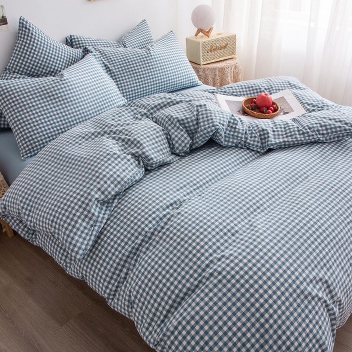 91家纺网 家纺一手货源 找家纺 千姿梦 2025新款全棉水洗棉四件套 浅蓝小格