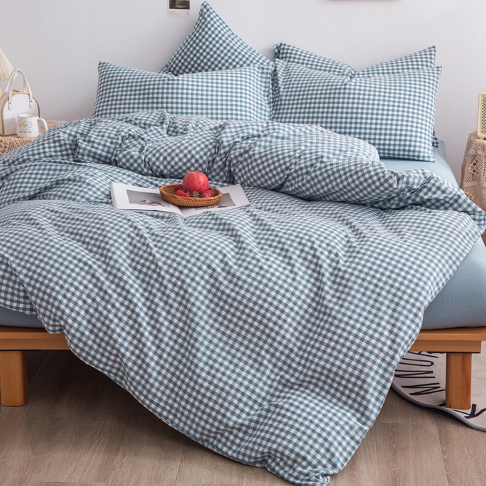 91家纺网 家纺一手货源 找家纺 千姿梦 2025新款全棉水洗棉四件套 浅蓝小格