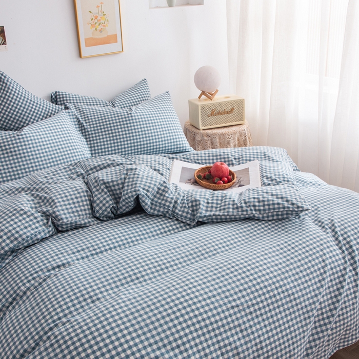 91家纺网 家纺一手货源 找家纺 千姿梦 2025新款全棉水洗棉四件套 浅蓝小格