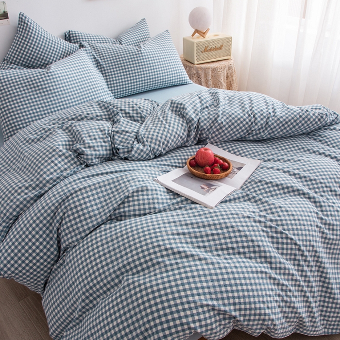 91家纺网 家纺一手货源 找家纺 千姿梦 2025新款全棉水洗棉四件套 浅蓝小格