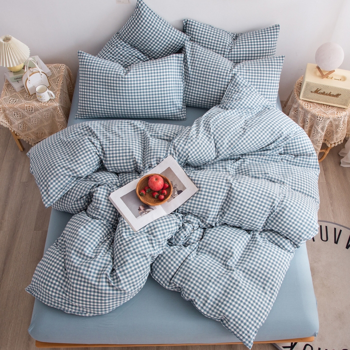 91家纺网 家纺一手货源 找家纺 千姿梦 2025新款全棉水洗棉四件套 浅蓝小格,浅蓝小格