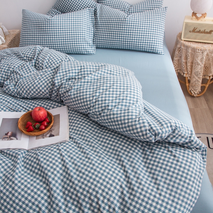 91家纺网 家纺一手货源 找家纺 千姿梦 2025新款全棉水洗棉四件套 浅蓝小格