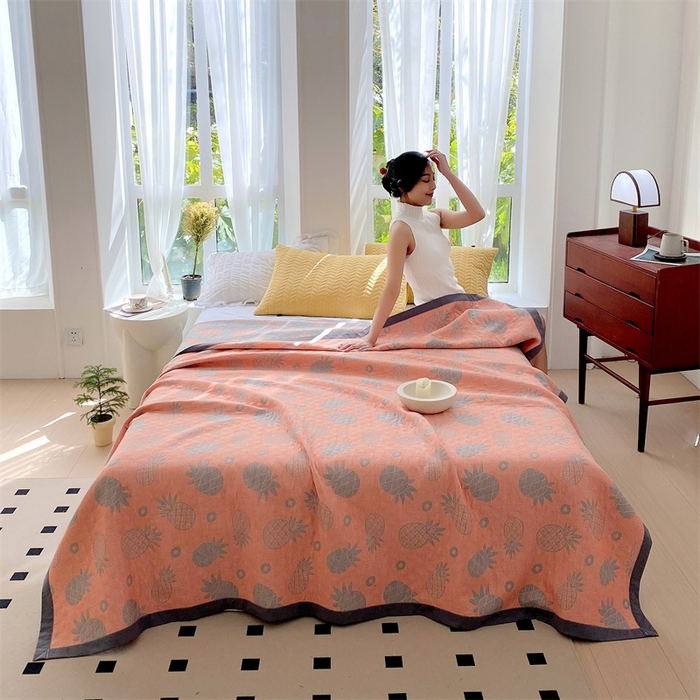 91家纺网 家纺一手货源 找家纺 ME/ERA HOME寐时代 2025新款a类全棉三层纱多功能毛巾被盖毯床单夏被 菠萝气泡-粉