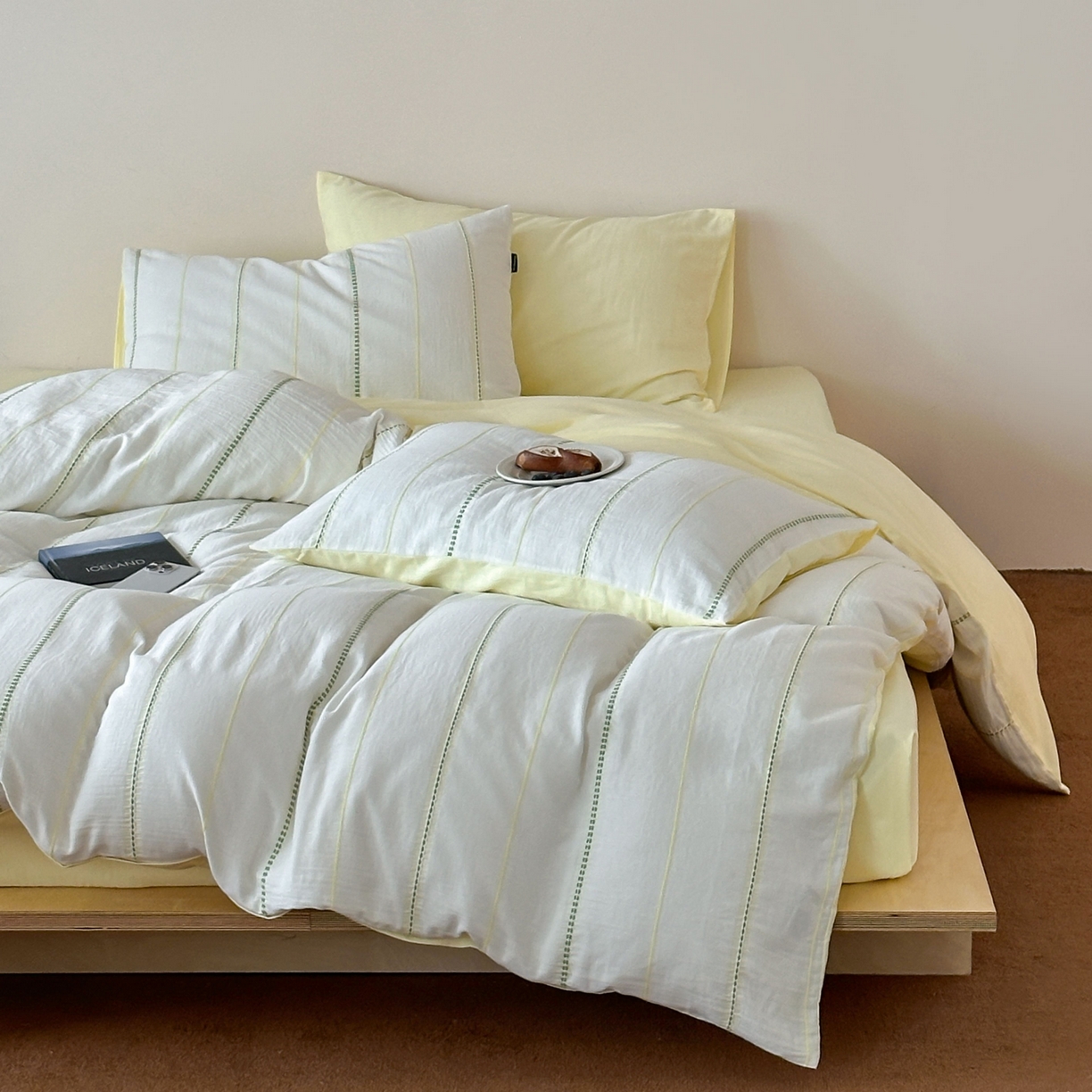 蜜宿 2025新款全棉纯棉水洗双层纱穿线提花四件套 梨白-黄