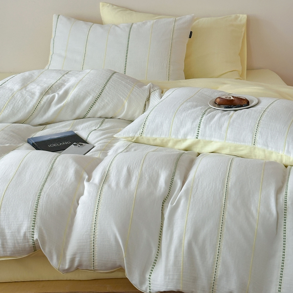 91家纺网 家纺一手货源 找家纺 蜜宿 2025新款全棉纯棉水洗双层纱穿线提花四件套 梨白-黄