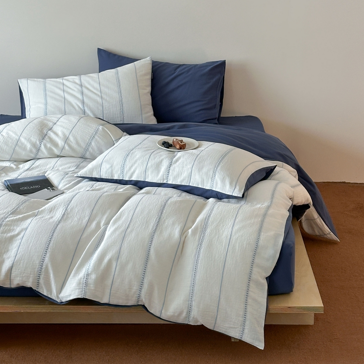 蜜宿 2025新款全棉纯棉水洗双层纱穿线提花四件套 梨白-蓝