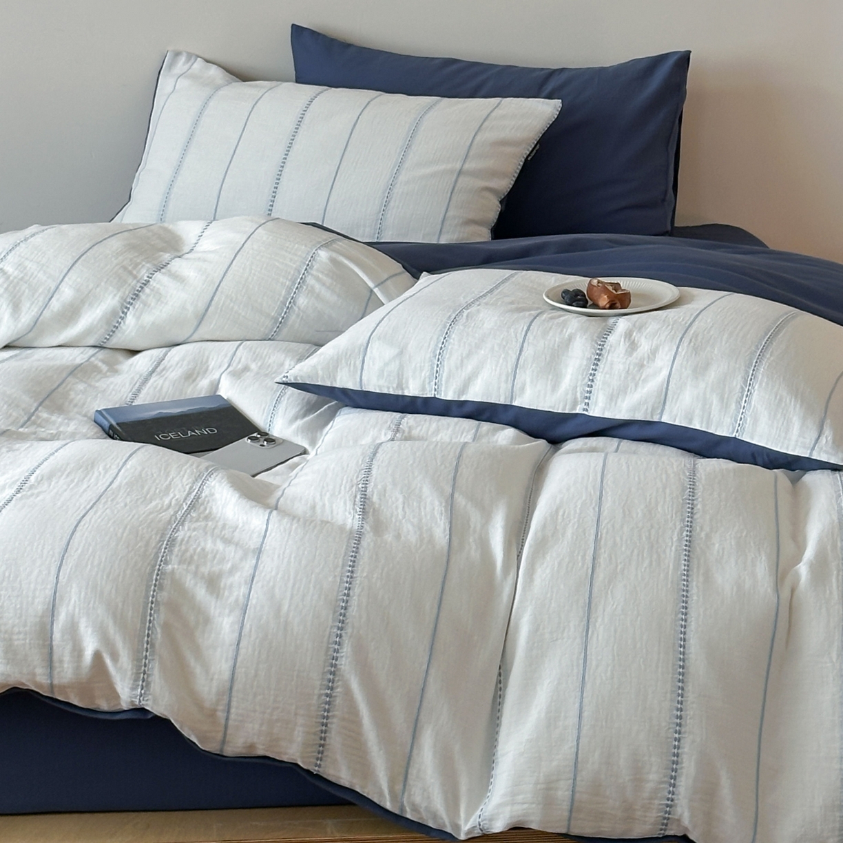 91家纺网 家纺一手货源 找家纺 蜜宿 2025新款全棉纯棉水洗双层纱穿线提花四件套 梨白-蓝