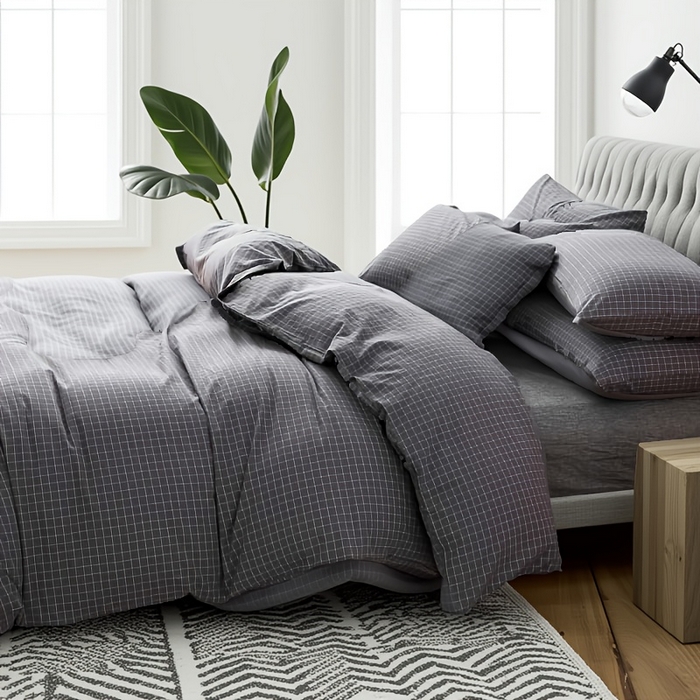 91家纺网 家纺一手货源 找家纺 千姿梦 2025新款全棉水洗棉四件套 小灰格