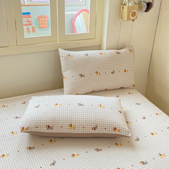 91家纺网 家纺一手货源 找家纺 夜笙家纺 2025新款110克水洗棉双层纱单床单系列 巴克小狗