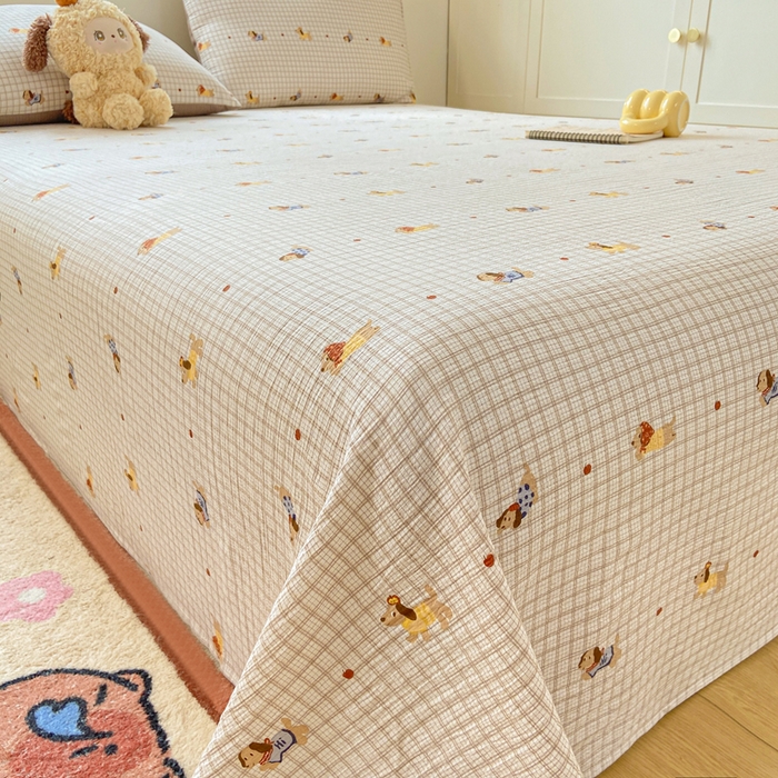 91家纺网 家纺一手货源 找家纺 夜笙家纺 2025新款110克水洗棉双层纱单床单系列 巴克小狗