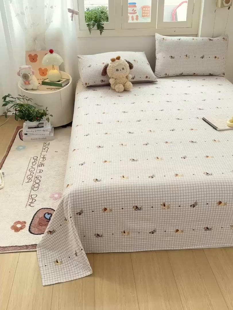 91家纺网 家纺一手货源 找家纺 夜笙家纺 2025新款110克水洗棉双层纱单床单系列 巴克小狗