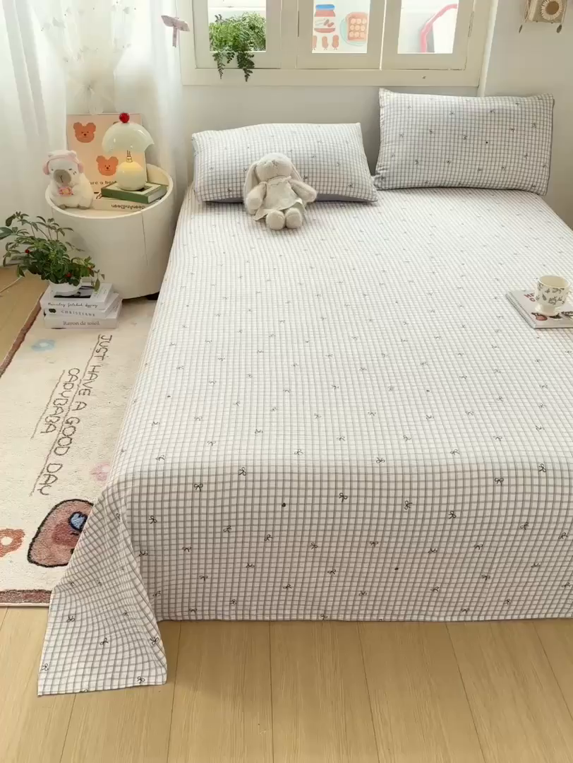 91家纺网 家纺一手货源 找家纺 夜笙家纺 2025新款110克水洗棉双层纱单床单系列 蝴蝶结