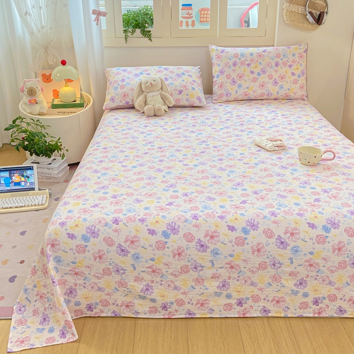 91家纺网 家纺一手货源 找家纺 夜笙家纺 2025新款110克水洗棉双层纱单床单系列 花海-粉