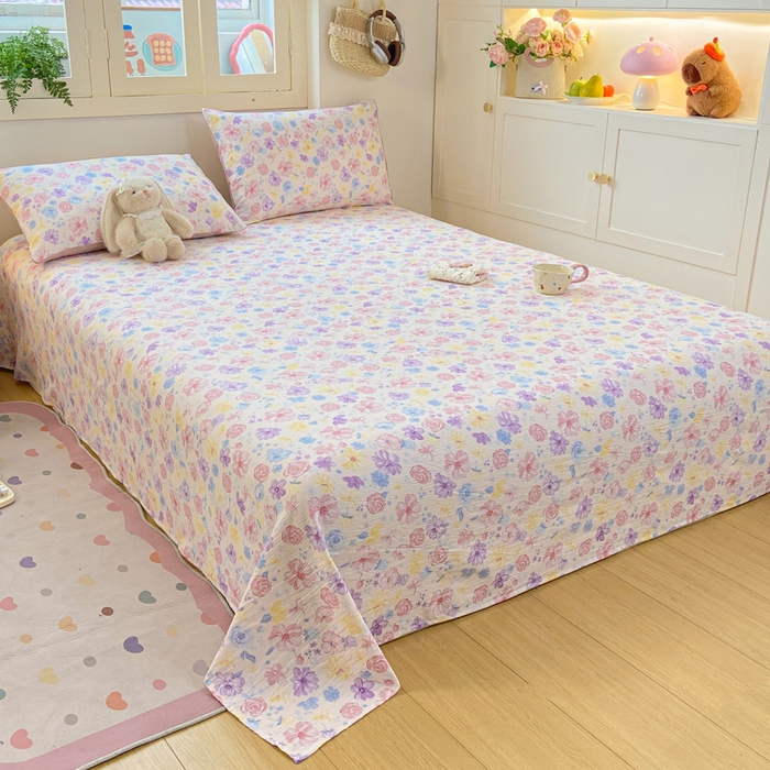 91家纺网 家纺一手货源 找家纺 夜笙家纺 2025新款110克水洗棉双层纱单床单系列 花海-粉