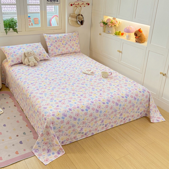 91家纺网 家纺一手货源 找家纺 夜笙家纺 2025新款110克水洗棉双层纱单床单系列 花海-粉