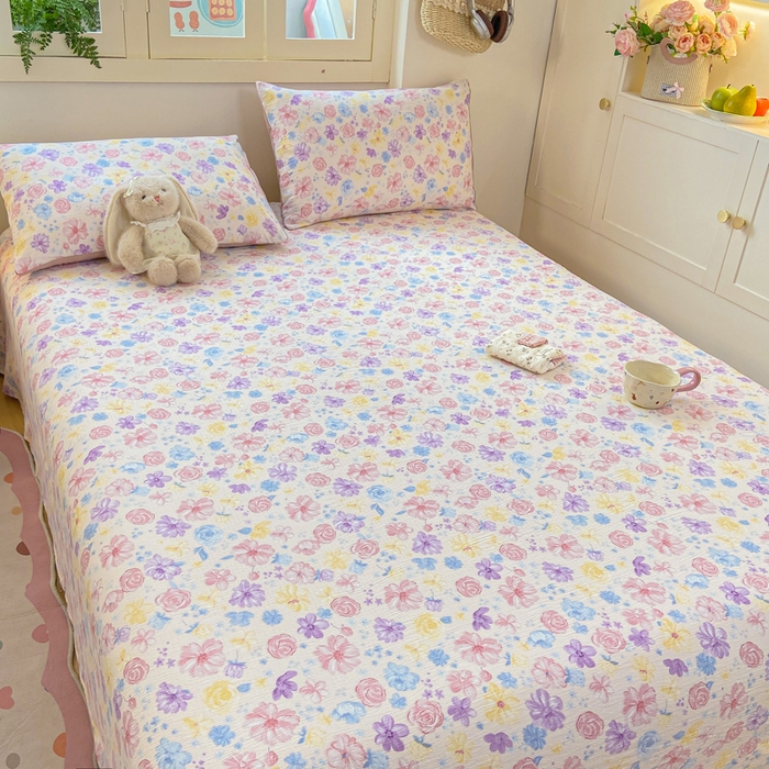 91家纺网 家纺一手货源 找家纺 夜笙家纺 2025新款110克水洗棉双层纱单床单系列 花海-粉