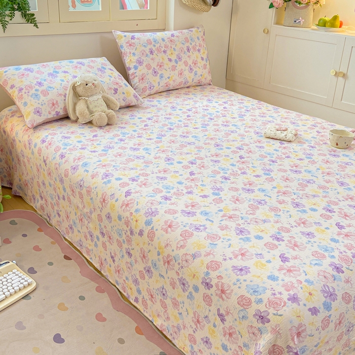 91家纺网 家纺一手货源 找家纺 夜笙家纺 2025新款110克水洗棉双层纱单床单系列 花海-粉