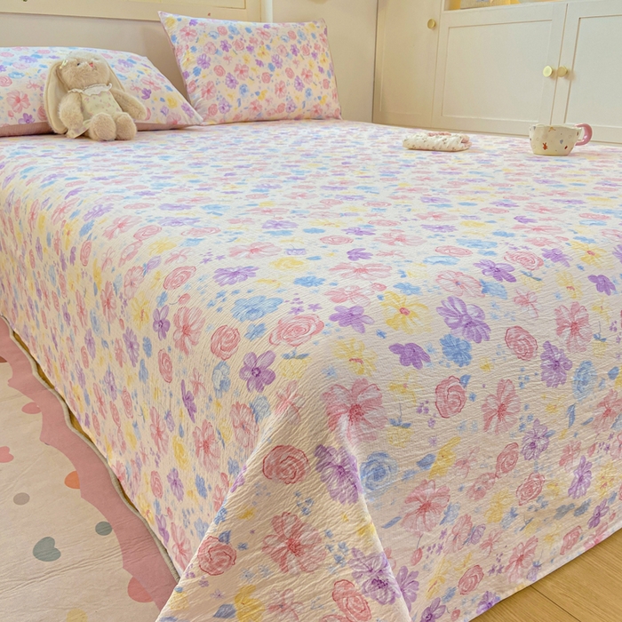 91家纺网 家纺一手货源 找家纺 夜笙家纺 2025新款110克水洗棉双层纱单床单系列 花海-粉