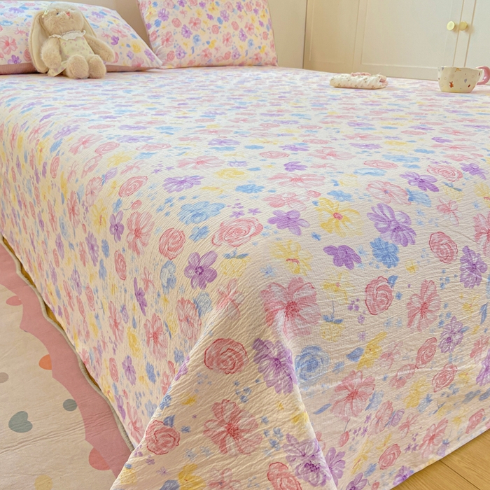 91家纺网 家纺一手货源 找家纺 夜笙家纺 2025新款110克水洗棉双层纱单床单系列 花海-粉