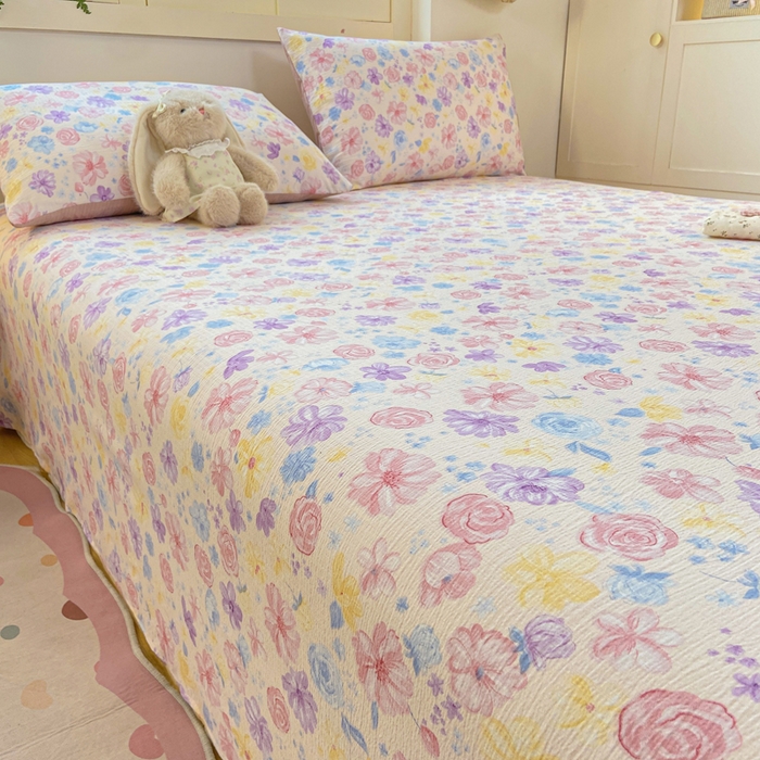 91家纺网 家纺一手货源 找家纺 夜笙家纺 2025新款110克水洗棉双层纱单床单系列 花海-粉