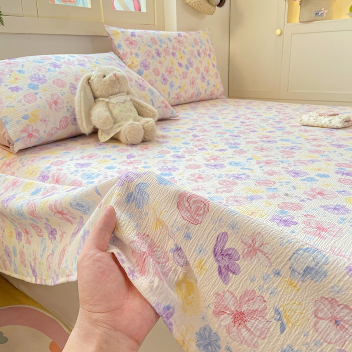 91家纺网 家纺一手货源 找家纺 夜笙家纺 2025新款110克水洗棉双层纱单床单系列 花海-粉